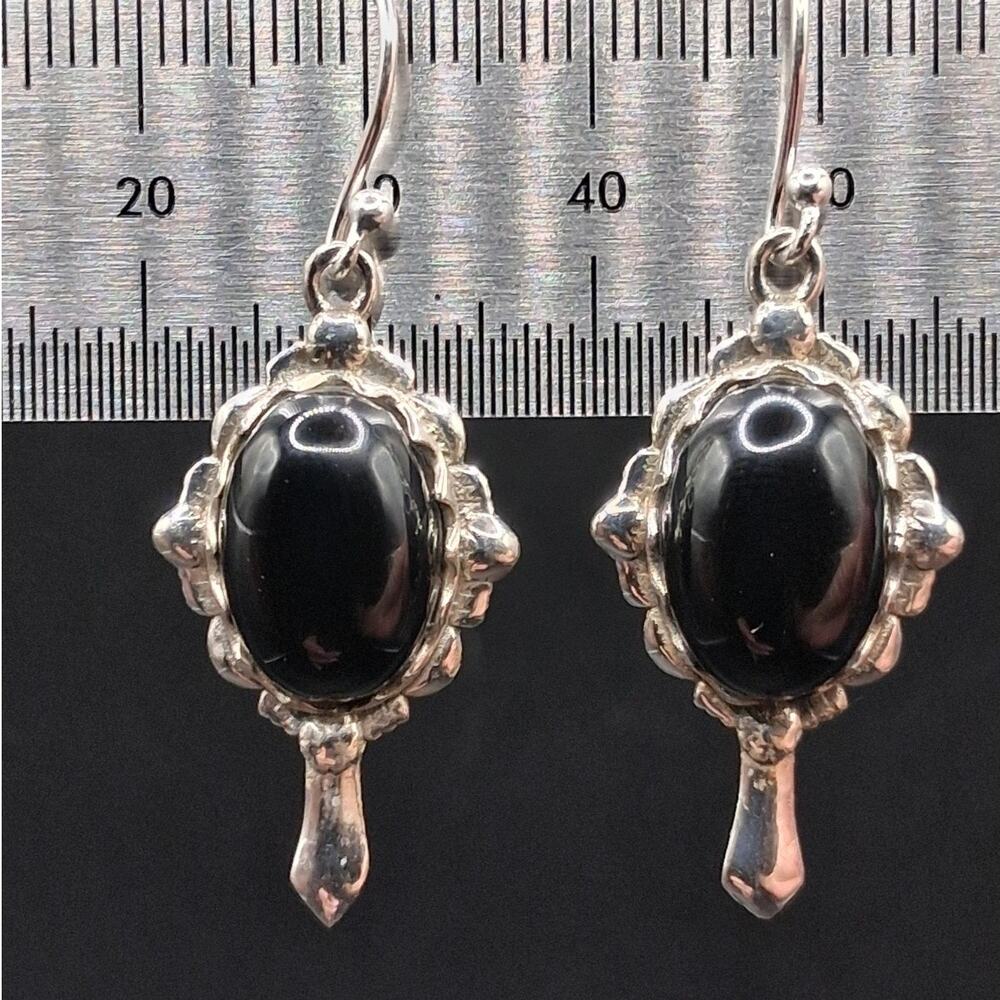 Black Onyx Dangle Earrings, 925 Sterling Silver, Vintage Art Deco Style